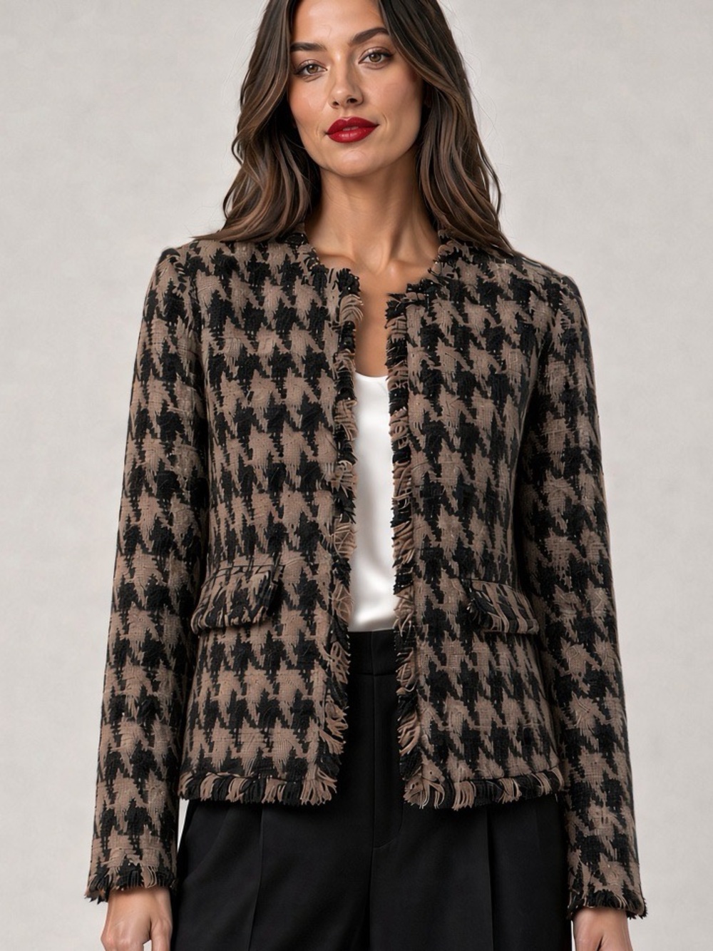 L'AGENCE Adette Black and Tan Houndstooth Fringe Tweed Jacket